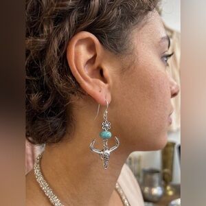 Artisan Turquoise Bead Long Dangle Earrings with Silver-tone Bull Skull